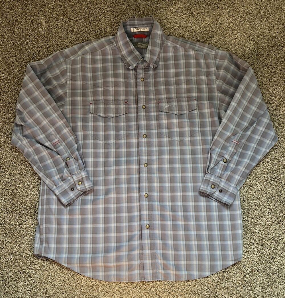 Orvis Trout Bum Mens L Plaid Snap Front Fishing Shirt Long Sleeve Gray Blue